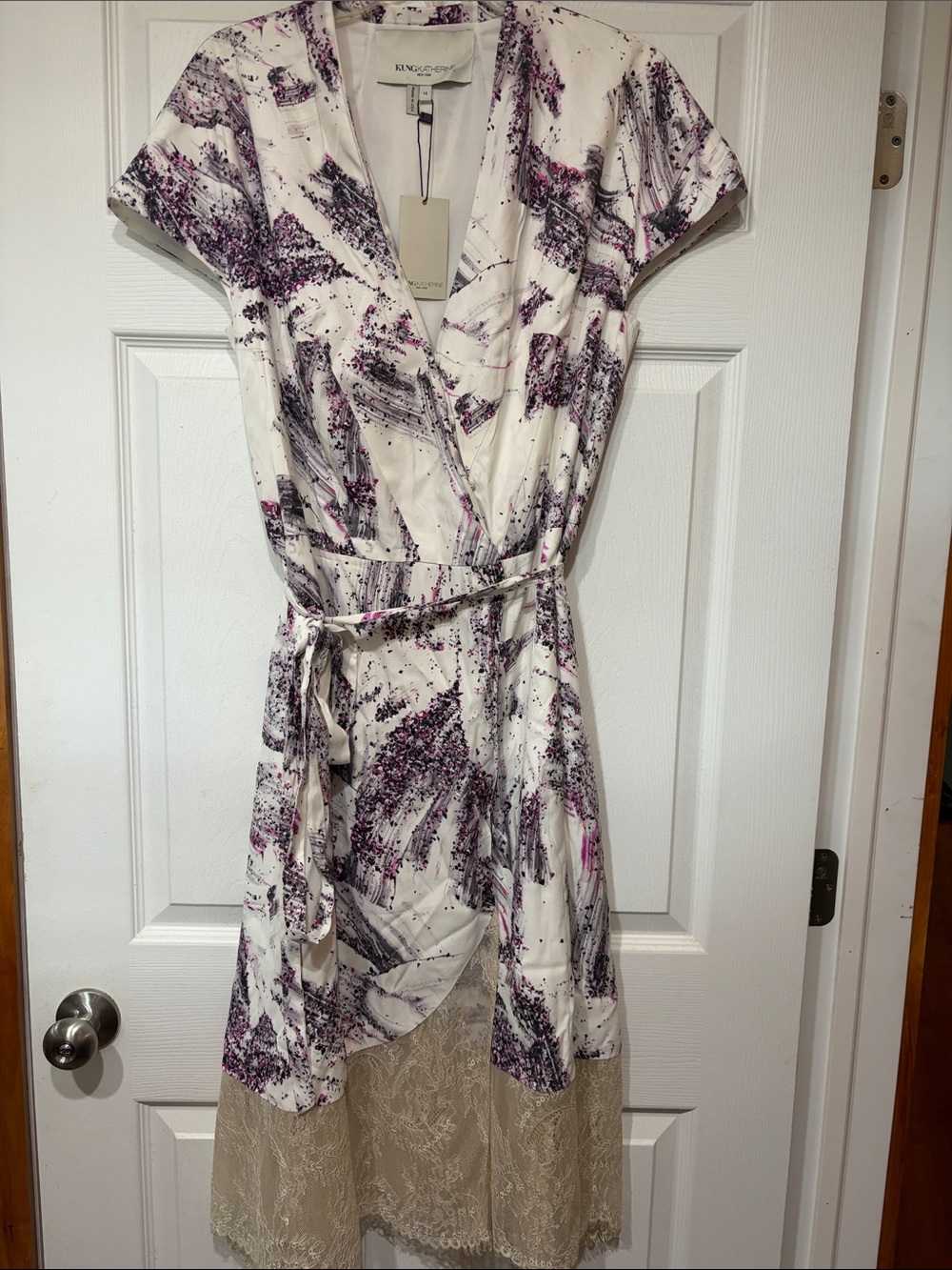 KungKatherine New York White Wrap Midi Dress with Purple Print and Lace Trim